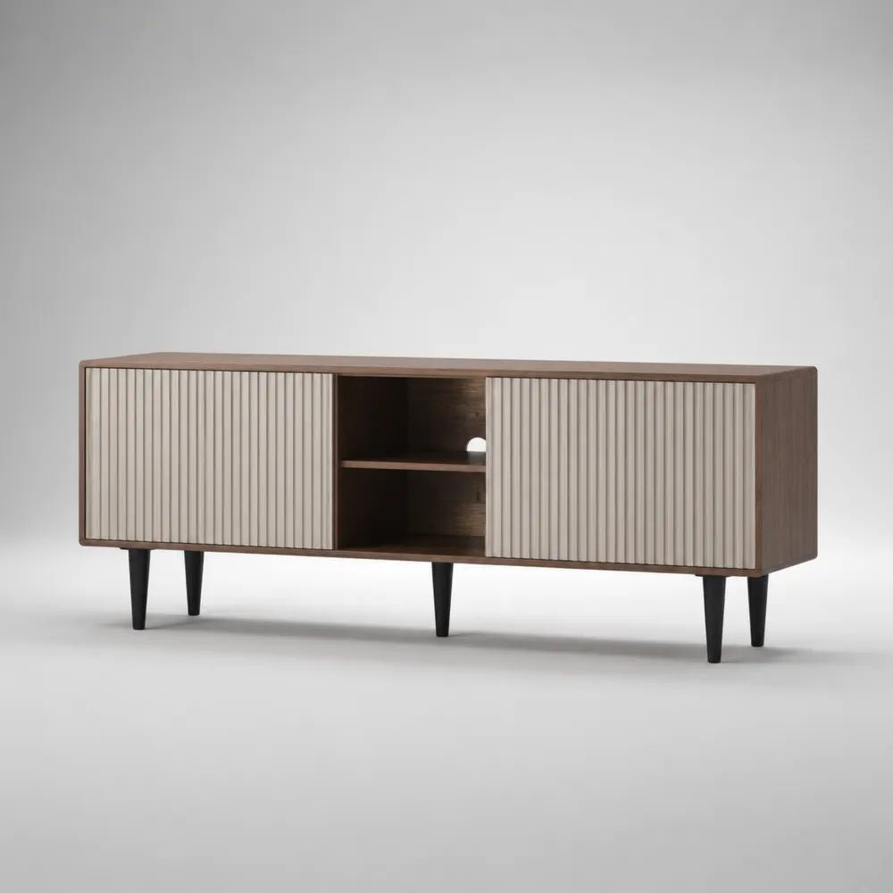 Mobile TV basso rettangolare in MDF impiallacciato noce con 2 ante scorrevoli scanalate beige, 160 x 40 x 70 cm