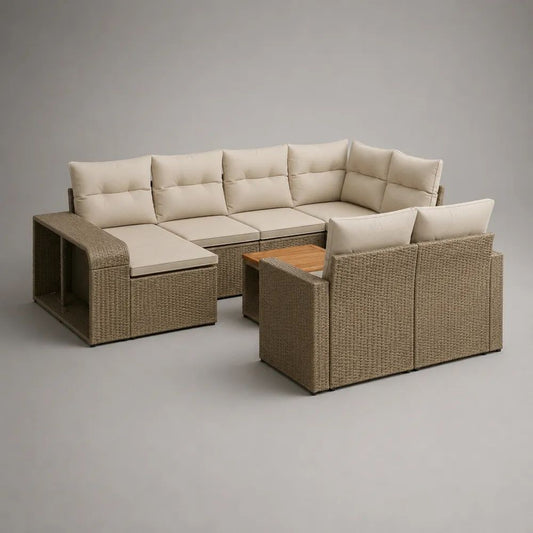 Set salotto da giardino 9 pezzi in rattan beige e tortora con divano angolare, 2 poltrone e tavolino, 278 x 210 x 84 cm