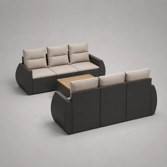 Salotto da giardino 3 pezzi 6 posti con 2 divani in alluminio antracite, tavolino in legno e cuscini beige, divani 190 x 82 x 78 cm, tavolino 100 x 60 x 42 cm