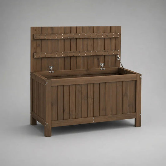 Baule da giardino rettangolare in legno massello di abete marrone, 120 x 50 x 60 cm