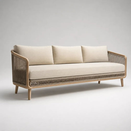 Divano da giardino rettangolare a 3 posti in teak massello e corda di poliestere, beige chiaro, tortora e marrone naturale, 210 × 82 × 78 cm