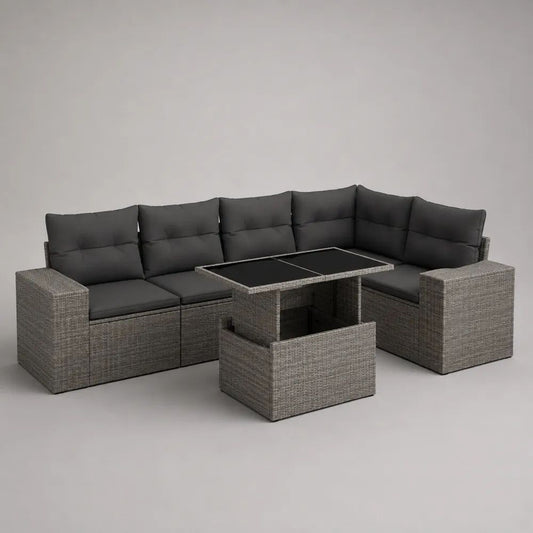 Set salotto da giardino angolare a 6 posti in polyrattan e acciaio grigio mélange con cuscini antracite e tavolo nero, 235 × 175 × 73 cm