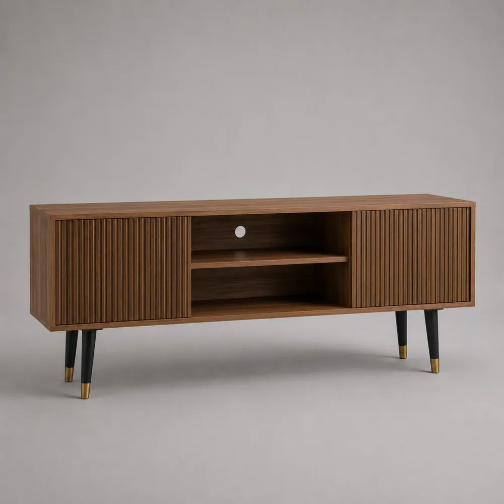 Mobile TV rettangolare in legno con 2 ante scanalate, ripiano e passacavi, 140 x 40 x 60 cm, marrone noce, nero e ottone