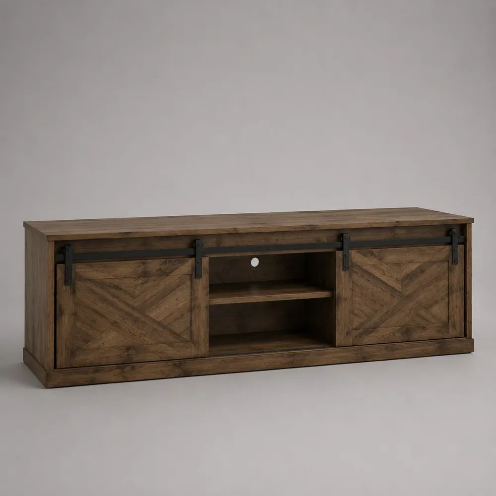 Mobile TV basso in MDF impiallacciato abete con 2 ante scorrevoli, marrone e nero, 180 × 40 × 70 cm