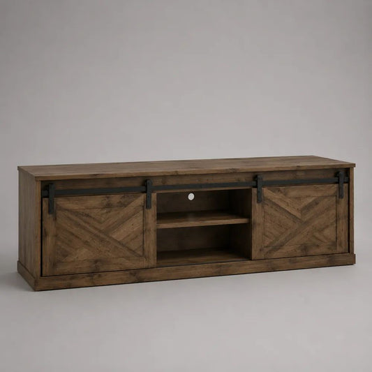 Mobile TV basso in MDF impiallacciato abete con 2 ante scorrevoli, marrone e nero, 180 × 40 × 70 cm