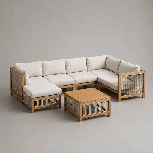 Set divano modulare da esterno a U, 6 pezzi in legno con tavolino e cuscini beige, 225 × 150 × 76 cm