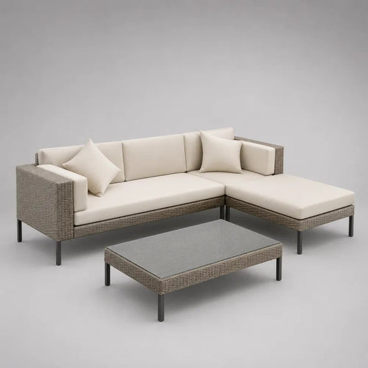 Salotto da giardino 2 pezzi con divano angolare 4 posti in rattan PE tortora e crema 220 x 145 x 72 cm e tavolino 100 x 55 x 38 cm