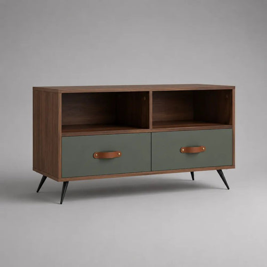 Mobile TV rettangolare in legno e acciaio con 2 cassetti e 2 vani aperti, marrone noce, verde oliva, nero e cognac, 120 × 40 × 65 cm