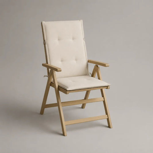Sedia da giardino pieghevole e reclinabile in legno massello di acacia con braccioli e cuscino beige, 60 x 68 x 110 cm