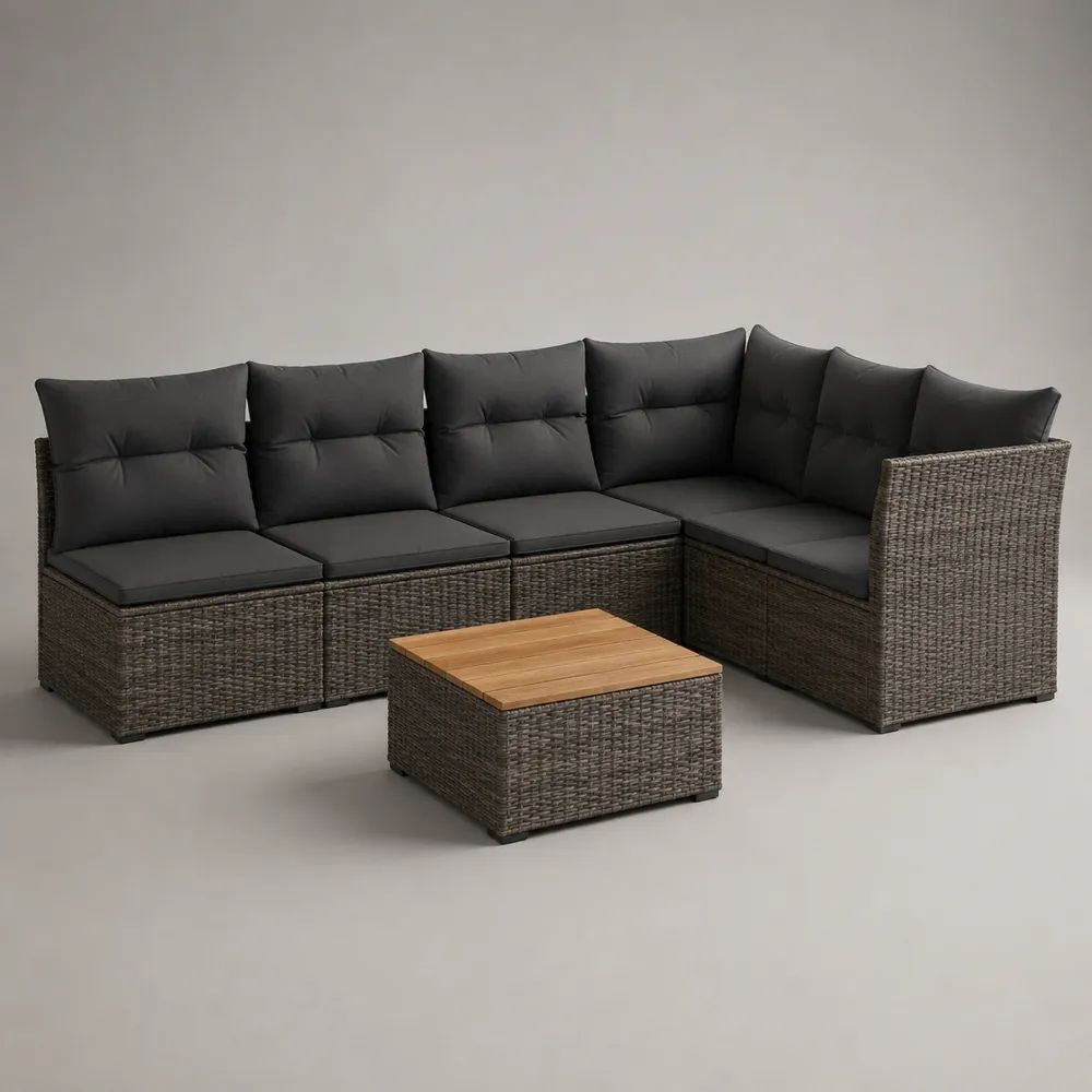 Set divano angolare da giardino 6 pezzi, 5 posti, in polyrattan grigio con cuscini antracite e tavolino in legno, 245 x 185 x 82 cm