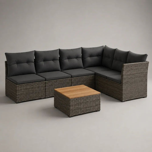 Set divano angolare da giardino 6 pezzi, 5 posti, in polyrattan grigio con cuscini antracite e tavolino in legno, 245 x 185 x 82 cm