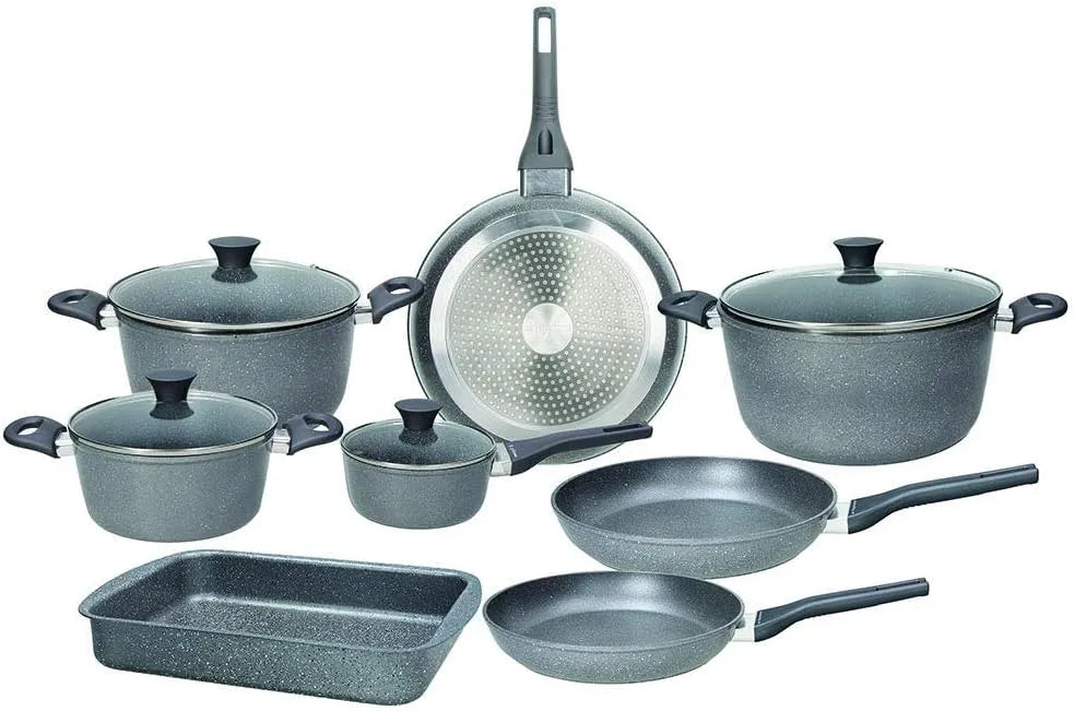 set di pentole e padelle, Batteria, 12 Pezzi, grigio, alluminio