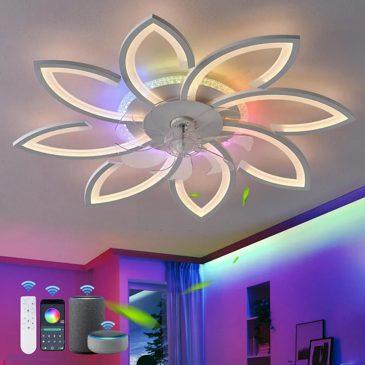 Ventilatore, decorazione del soggiorno, bianco, Fiore RGB Lampadario Con Pale