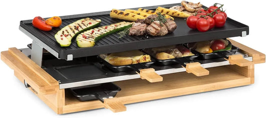Klarstein Padella grill, 1200 W, Piastra Raclette Formaggio con Base in Legno 1200W, Termostato Regolabile per 8 Persone