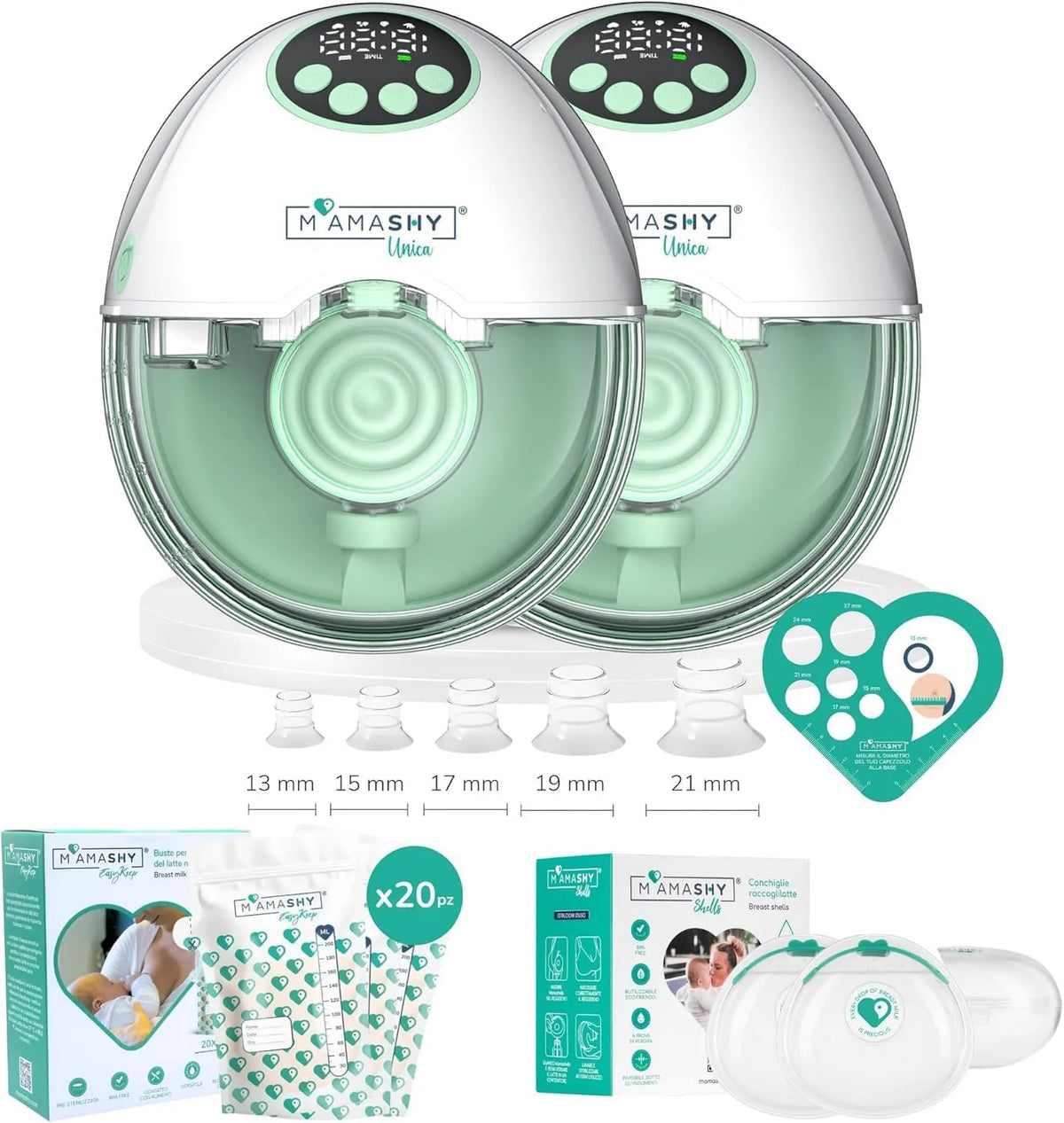 Tiralatte, MAMASHY, portatile, 2 Coppette Raccogli Latte, 12 Intensità, 20 Sacchetti, 5 Adattatori Silicone, Guida Vocale IT, 6 Taglie, 4 Modalità