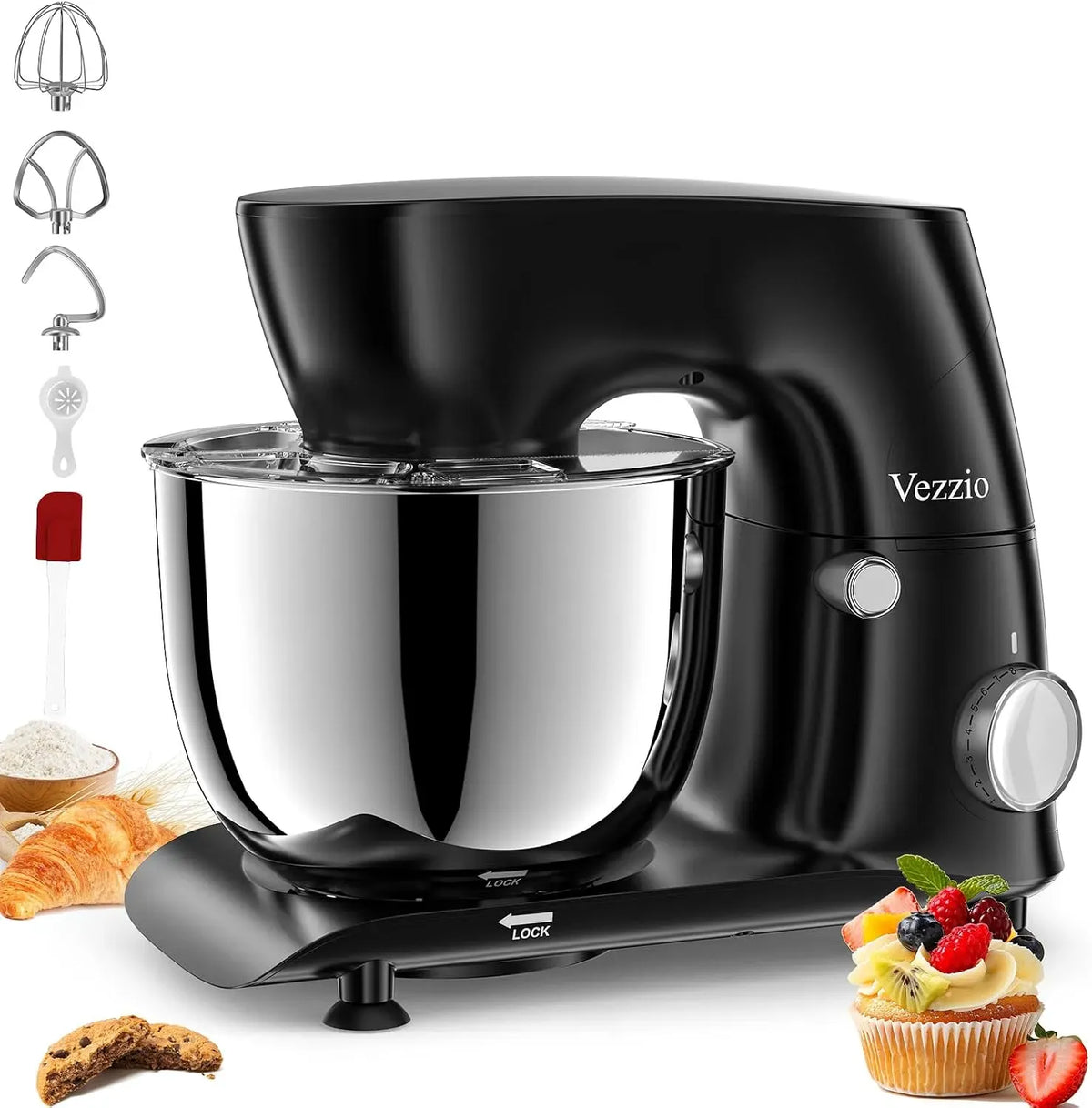 Robot da cucina, 5.5 L, 1500 W, Vezzio, professionale, acciaio inox, 10 Velocità Impastatrice Professionale con Frusta