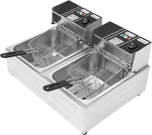 6+6L Dual Tanks Friggitrice elettrica 2500W grande capacità in acciaio inox piano di lavoro cucina friggitrice dotato di cestino e coperchio per