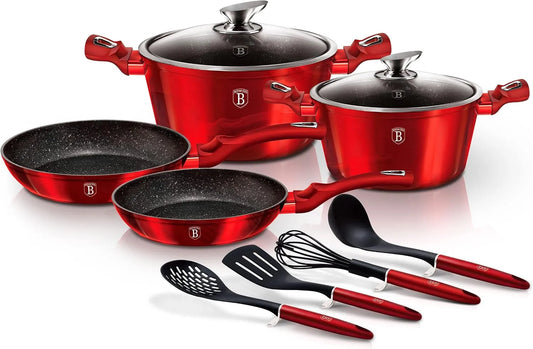 Piano cottura elettrico 10-Piece, rivestimento antiaderente, piastra elettrica, rosso, Set 2 Casseruoli 2 Coperchi di Vetro 2 Padelle 4 Utensili