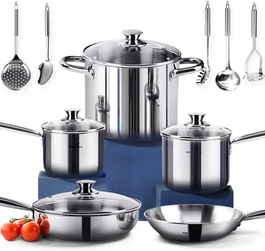 Set di pentole e padelle in acciaio inox senza nichel, 14 pezzi, atossiche e salutari a induzione
