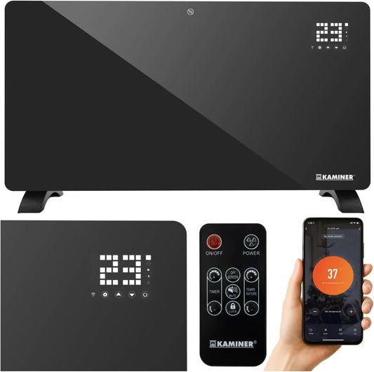 riscaldamento elettrico, ZELVA, 2500 W, termostato 5-50 C, termoconvettore in vetro, con app e telecomando WiFi, timer e programma settimanale