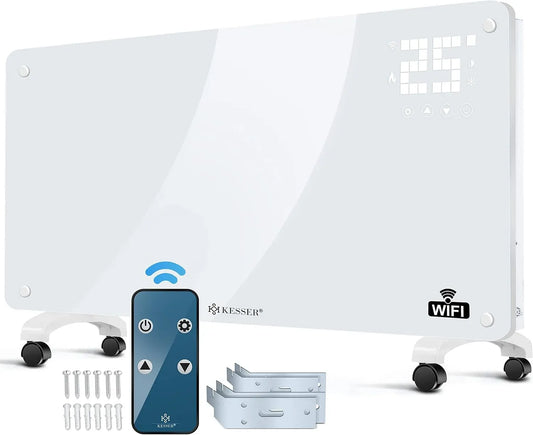 riscaldamento elettrico a pavimento o a parete, KESSER® Termoconvettore in vetro con funzione APP WiFi, 2500 Watt, con telecomando, touch screen