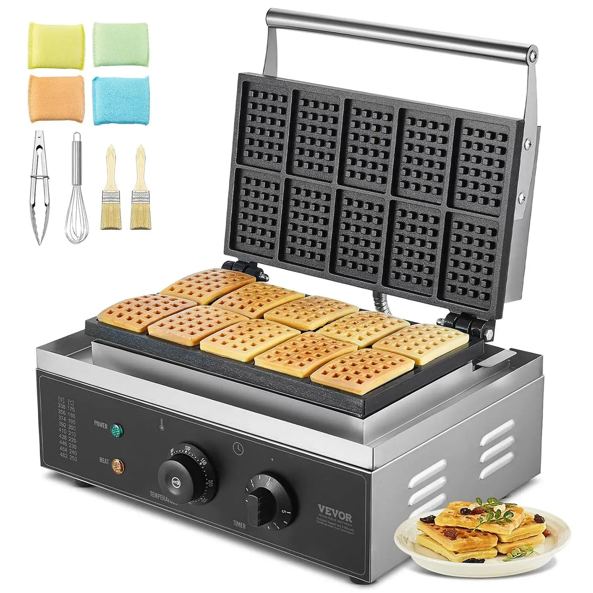 VEVOR Macchina per Waffle, Piastra, piastra elettrica per waffle, 1550 W, professionale, ristoranti, rivestimento antiaderente, acciaio inox