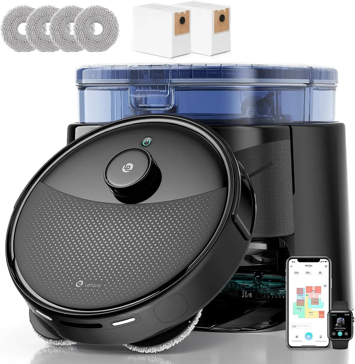 Lefant M3Max 2.4G/5G Robot aspirapolvere, 3.2 L, Wi-Fi, Mop Rotanti 45°C con Asciugatura, Alexa/App, 20000Pa, Auto-Svuotamento 3, Evitamento PSD