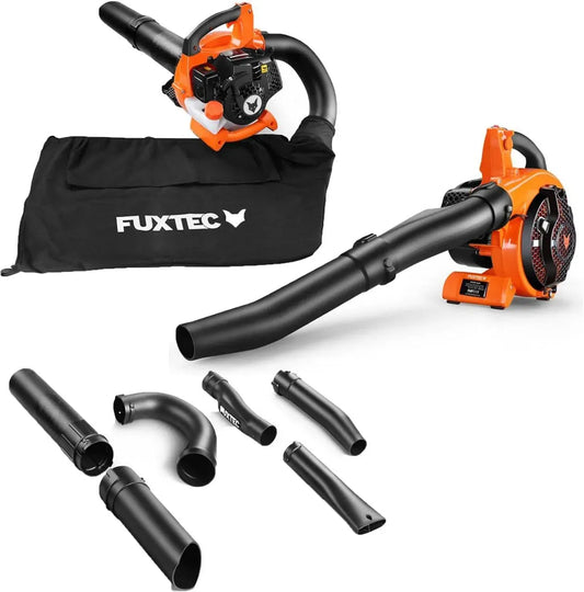 4in1 FX-LBS126 velocità di soffiaggio 71 m/s, Aspirafoglie a scoppio FUXTEC soffiatore e trituratore a scela di benzina 2 tempi con 2 tubi di