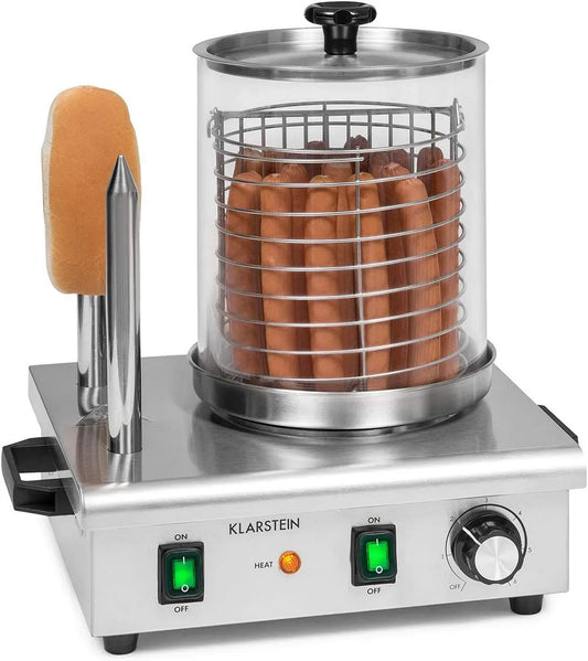 Klarstein macchina per hot, 20 cm, 550 W, 30 a 100 °C, 17 cm, professionale, acciaio inox, funzione riscaldante, argento, vetro, per hot dog