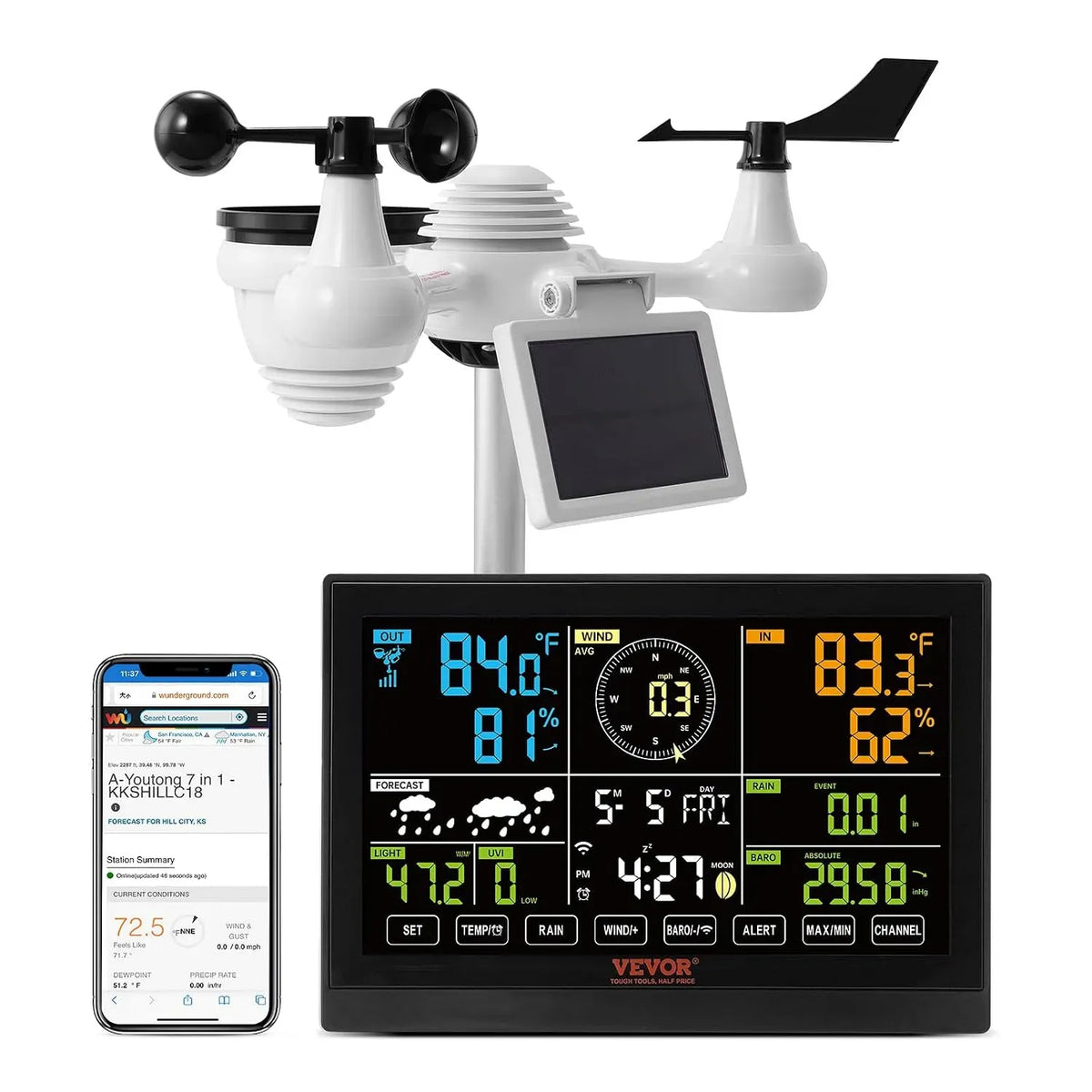 VEVOR 150m Stazione, stazione meteorologica wireless, 150 m, Wi-Fi, 7,9 Pollici
