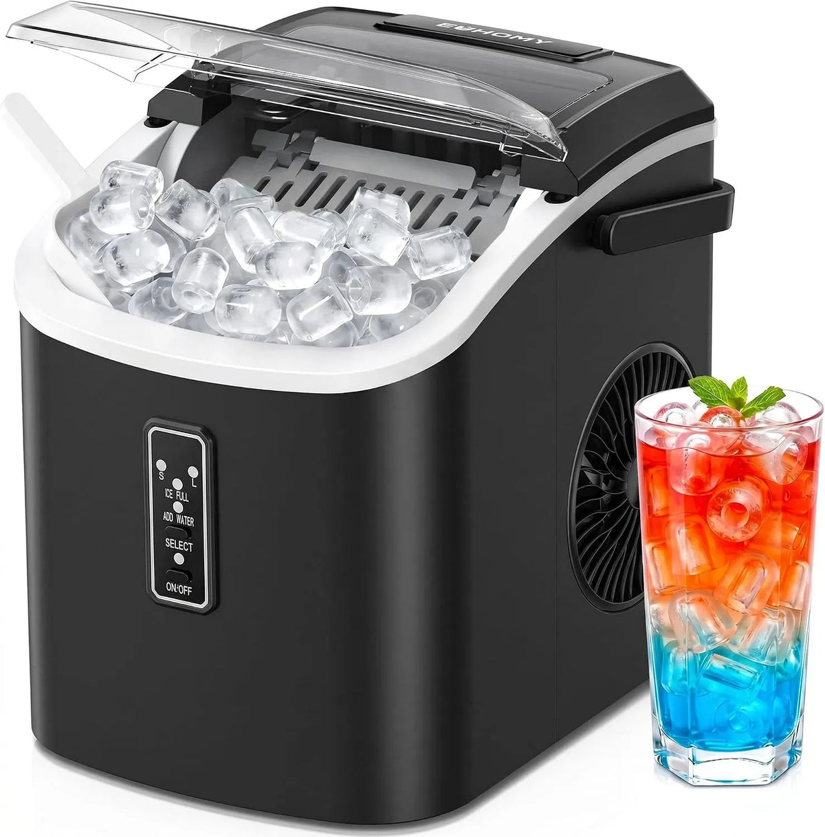 Macchina del ghiaccio, EUHOMY 12kg/24h, nero, Ice Maker Autopulente con 9 Cubetti in 6 Minuti